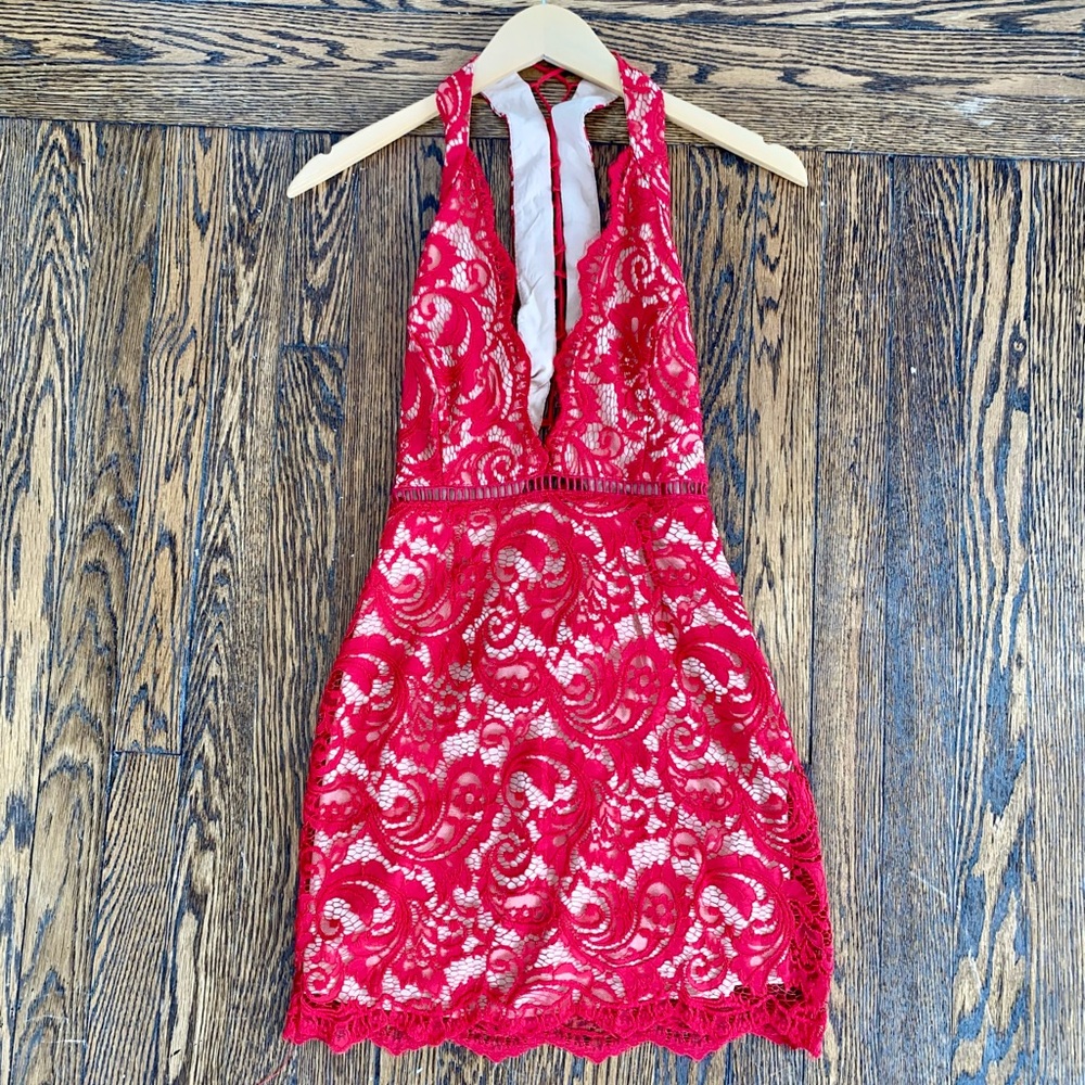Tobi Sexy Lowcut Lace Red Minidress, Size Small.